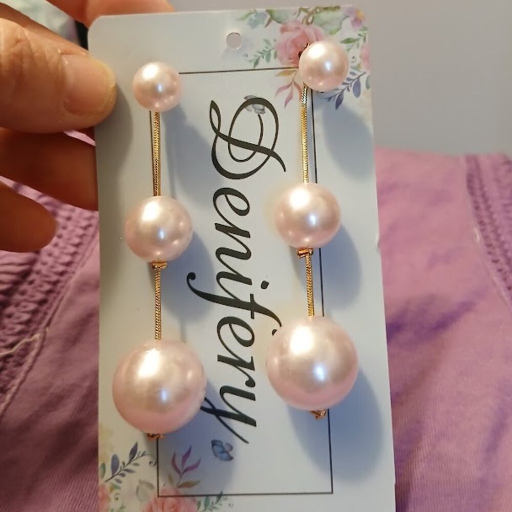 Nwt DENIFERY Pink Pearl & Gold tone Drop Dangle Earrings 3" tiered Elegant style